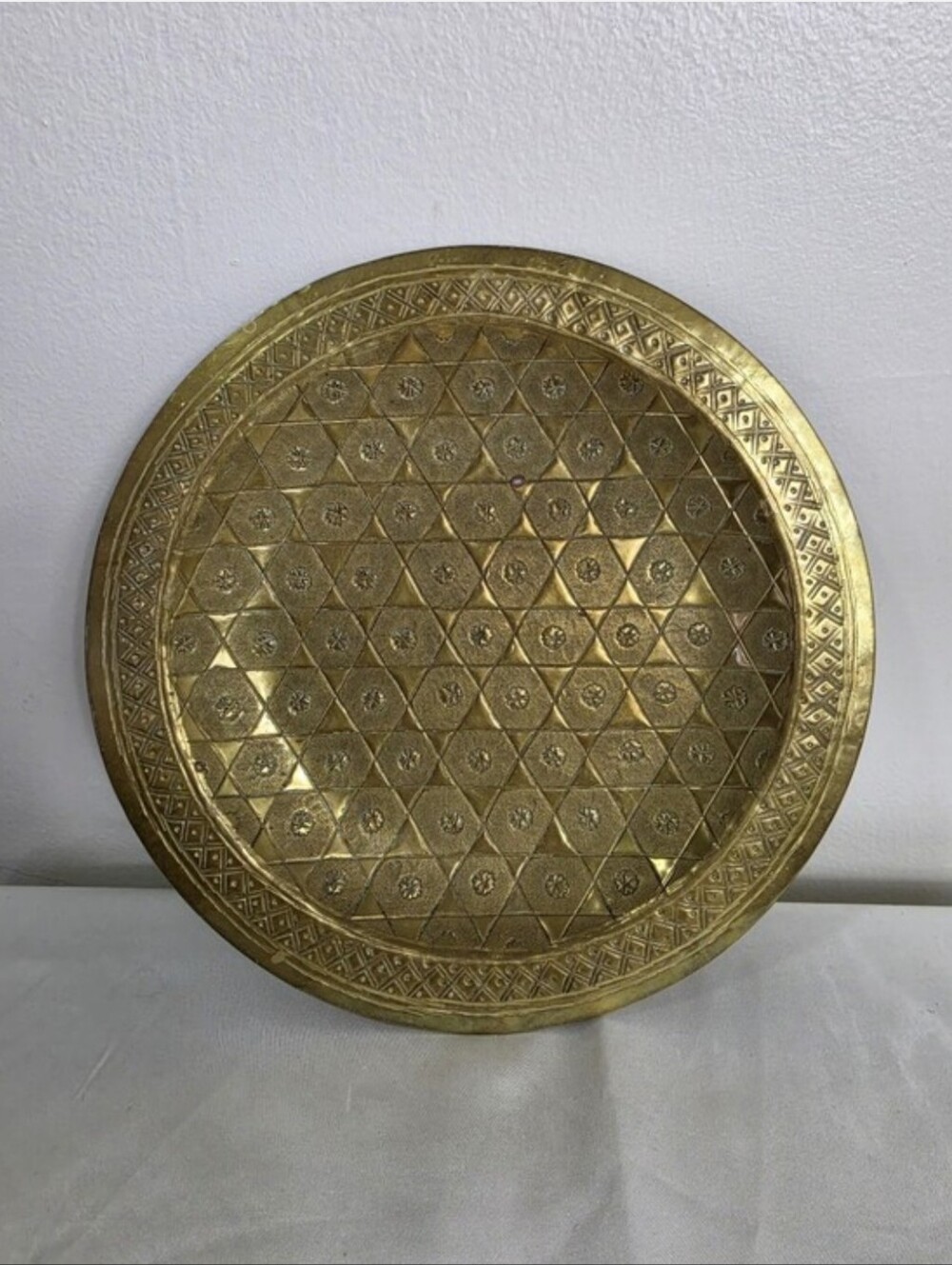 Brass Decorative Round Tray - Geometric Etched Design